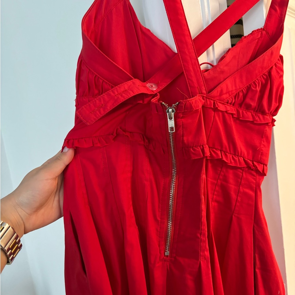 Mable Red Milkmaid Dress with Ruched Bust - Picture 3 of 6